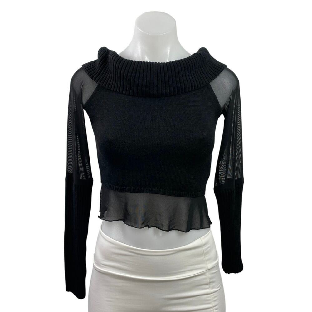 Current Mood Black Long Sleeve Semi Sheer Mesh Ribbed Knit Crop Top Size XS/S